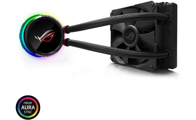ASUS ROG Ryuo 120 all-in-one liquid CPU cooler with color OLED, Aura Sync RGB, and ROG 120mm radiator fan