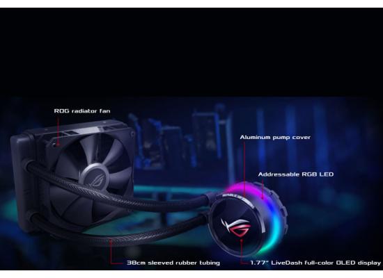 ASUS ROG Ryuo 120 all-in-one liquid CPU cooler with color OLED, Aura Sync RGB, and ROG 120mm radiator fan