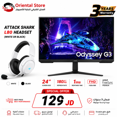 Samsung Odyssey G3 (DG302) 27" FHD 180Hz VA 1ms HDR10 sRGB 95% AMD FreeSync Premium - Flat Gaming Monitor w/ Ergonomic Stand + Free ATTACK SHARK L80PRO Wireless Gaming Headset Lightseed (White Or Black)