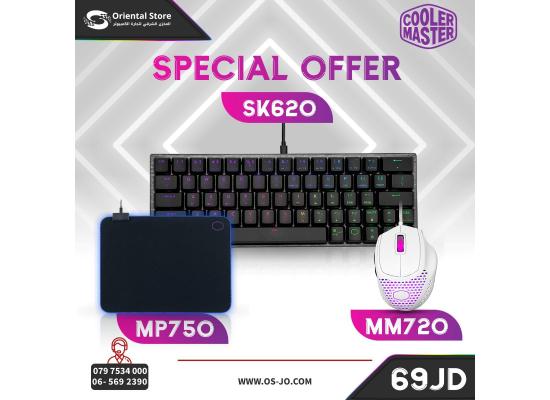 Cooler Master MM720 Matte (White) RGB Gaming Mouse  + Cooler Master SK620 60% Space Grey Mechanical Keyboard with Low Profile Red Switches + Cooler Master MPA-MP750- M Mouse pad (BUNDLE)