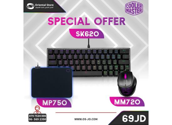 Cooler Master MM720 Matte (Black Or White) RGB Gaming Mouse  + Cooler Master SK620 60% Space Grey Mechanical Keyboard with Low Profile Red Switches + Cooler Master MPA-MP750- M Mouse pad (BUNDLE)