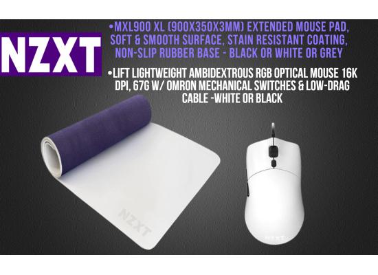 NZXT Lift Lightweight RGB Wired Mouse 16000 DPI 67g (Black/White) + NZXT MXL900 XL (900x350x3mm) Extended Soft Mouse Pad (Black/White/Gray) (Bundle)