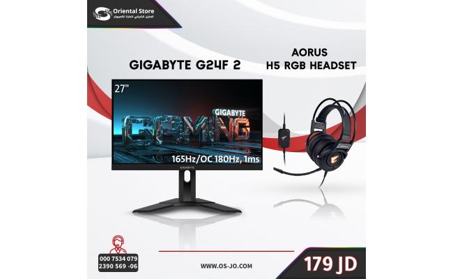 GIGABYTE (G24F 2) 24" FHD 1080p Flat Gaming Monitor, SS IPS, 165Hz/OC 180Hz, 1ms, AMD FreeSync Premium, HDR Ready, 125% sRGB + GIGABYTE AORUS H5 RGB Gaming Headset (Bundle)