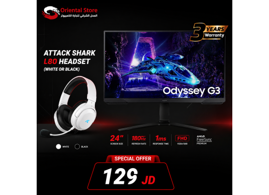 Samsung Odyssey G3 (DG302) 27" FHD 180Hz VA 1ms HDR10 sRGB 95% AMD FreeSync Premium - Flat Gaming Monitor w/ Ergonomic Stand + Free ATTACK SHARK L80PRO Wireless Gaming Headset Lightseed (White Or Black)