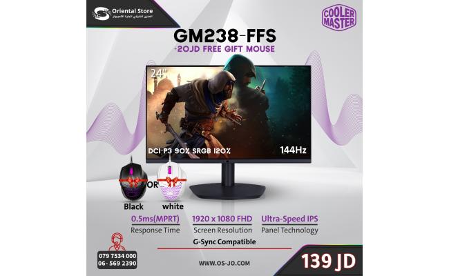 Cooler Master (GM238-FFS) 24" FHD Flat Gaming Monitor, Ultra-Speed IPS, 144Hz, 0.5ms, HDR10, DCI-P3 90% sRGB 120%, G-Sync Compatible + (Free Cooler Master MM720 (White Color Only) Gaming Mouse RGB Lightweight 49g 16000 DPI) - Limited Time Offer