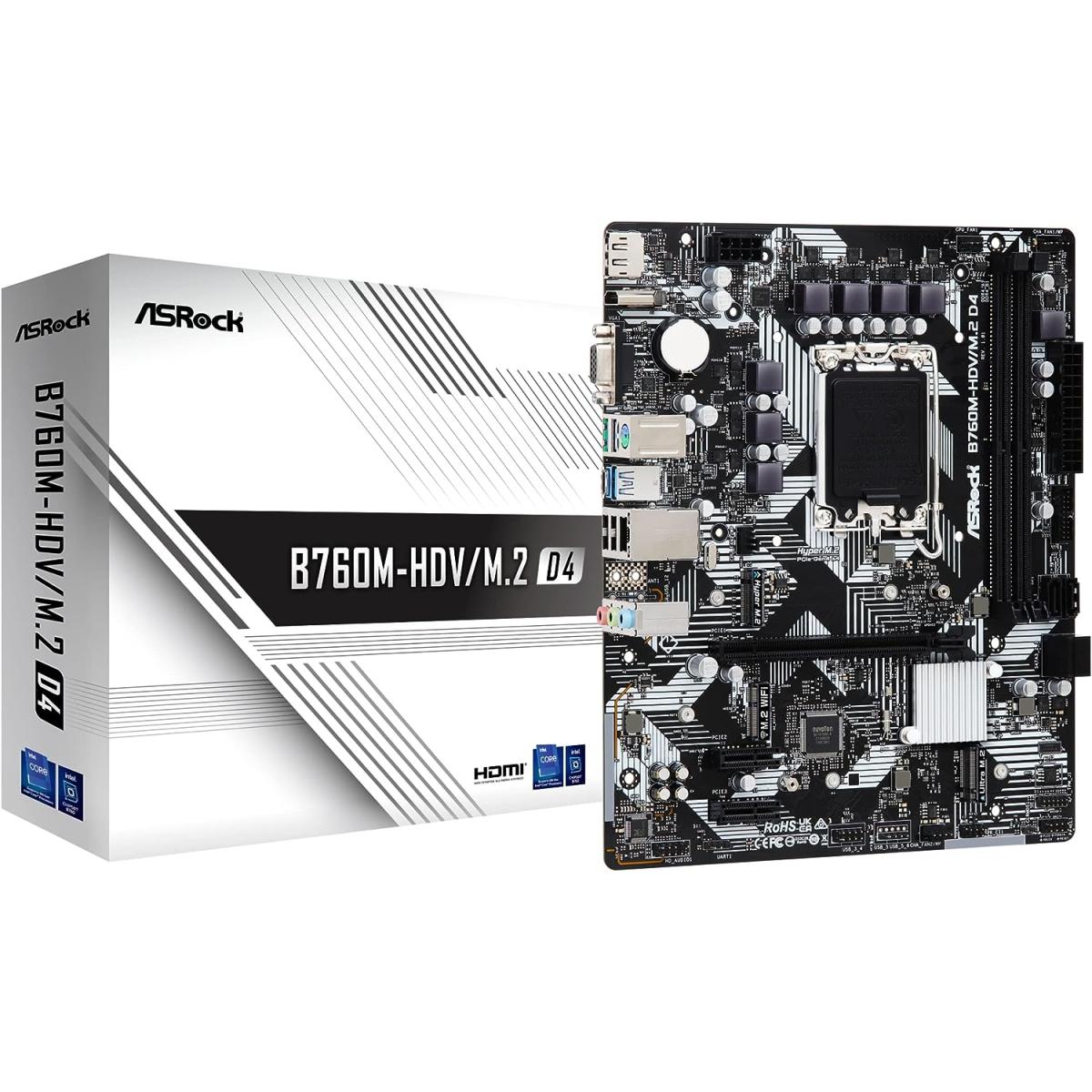 ASRock B760M-HDV/M.2 D4, Intel 13th 12th Series, LGA 1700/DDR4/PCIe 4.0/2xM.2 - mATX Gaming MotherBoard
