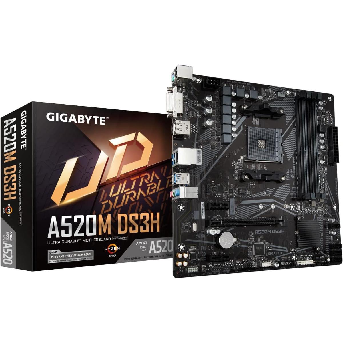 GIGABYTE A520M DS3H, AMD RYZEN Processors, AM4/DDR4/PCIe 3.0/1xM.2 - mATX MotherBoard