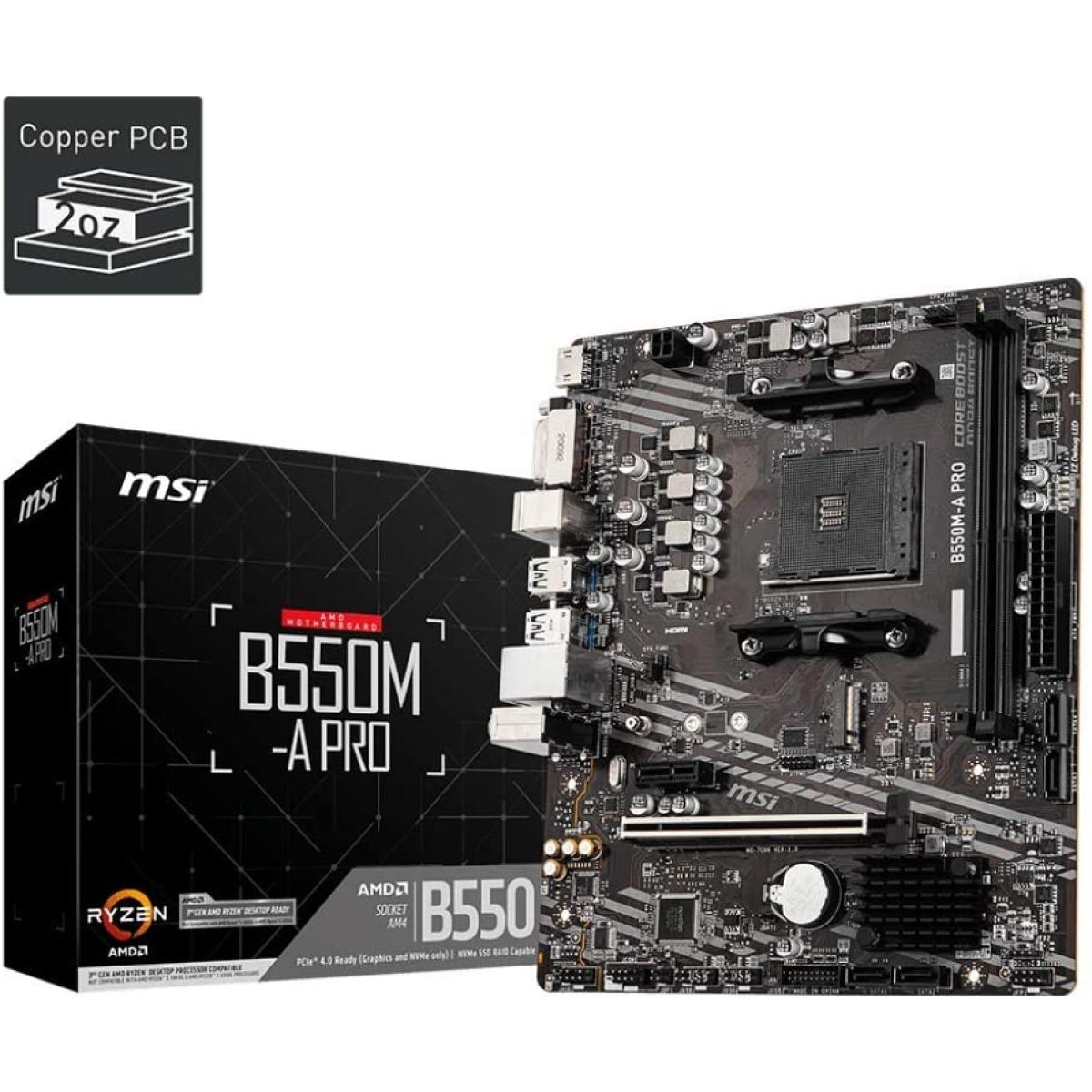 MSI B550M-A PRO ProSeries Micro-ATX Motherboard AMD Ryzen, AM4, DDR4, PCIe 4.0, SATA 6Gb/s, M.2, USB 3.2 Gen 1
