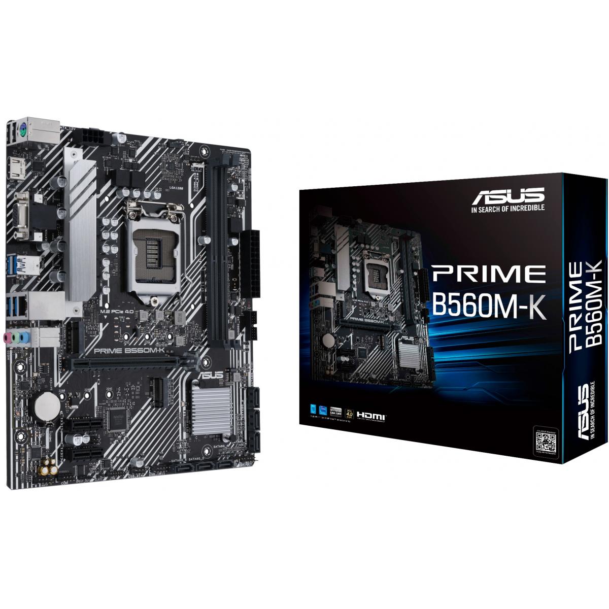 ASUS PRIME B560M-K (LGA 1200), PCIe 4.0,two M.2 slots, Intel® 1 Gb Ethernet, DisplayPort, dual HDMI, USB 3.2 Gen 2 Type-C®, V-M.2 Key E slot for Wi-Fi , Aura Sync, Addressable RGB, mATX Motherboard