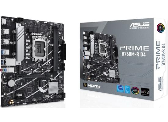 ASUS PRIME B760M-R D4, Intel 14th 13th 12th Series, LGA 1700/DDR4/PCIe 4.0/2xM.2 - mATX Gaming MotherBoard