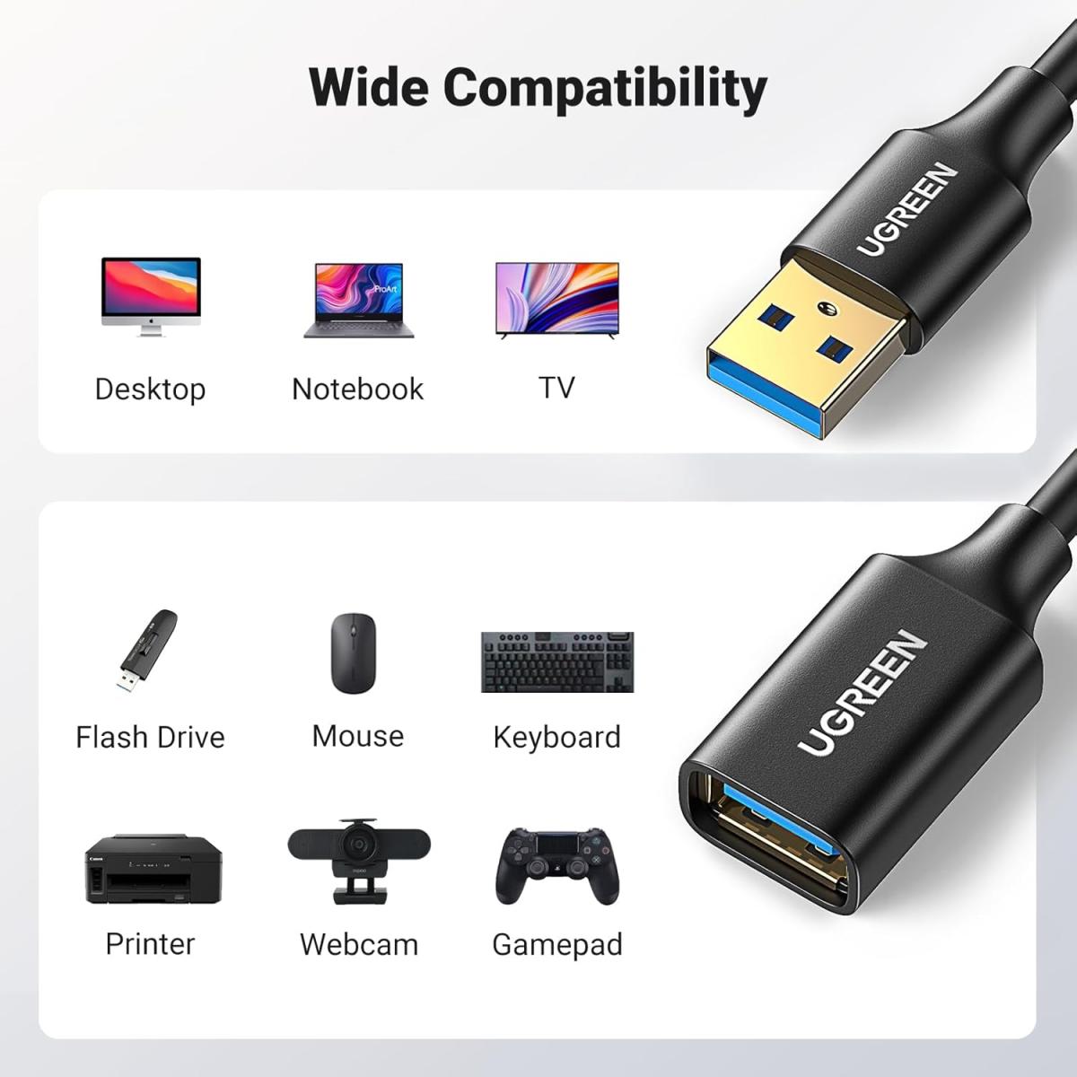 UGREEN USB Extender, USB 3.0 Male to Female Extension Cable USB Cable High Speed Data Transfer Compatible with Webcam, Gamepad, USB Keyboard, Mouse, Flash Drive, Hard Disk, 3M