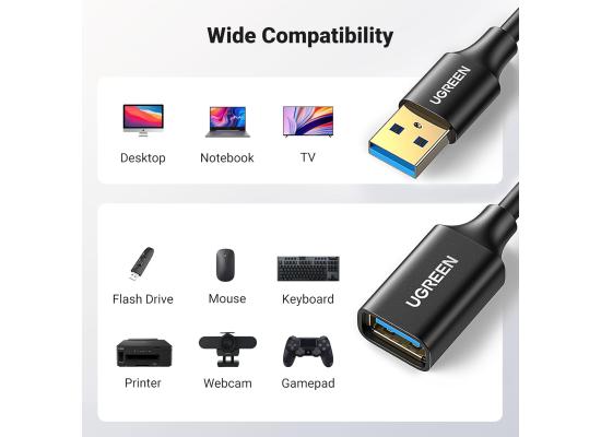 UGREEN USB Extender, USB 3.0 Male to Female Extension Cable USB Cable High Speed Data Transfer Compatible with Webcam, Gamepad, USB Keyboard, Mouse, Flash Drive, Hard Disk, 3M