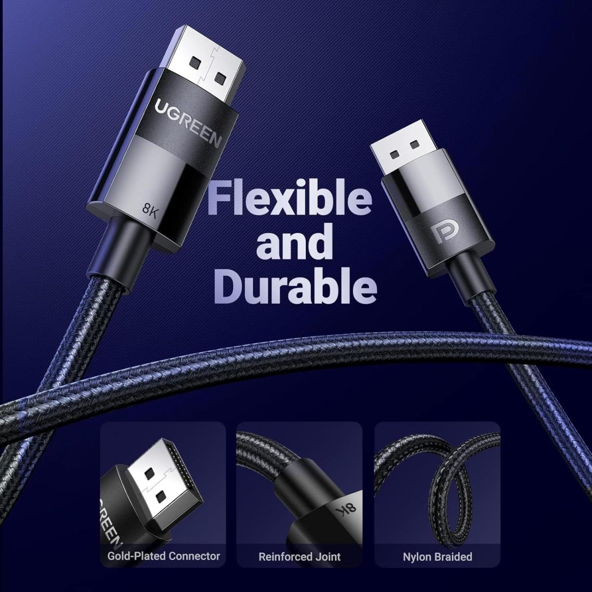 UGREEN VESA Certified 8K DisplayPort Cable 6.6FT, DP 1.4 Display Port Cable Cord Support 8K@60Hz, 4K@240Hz, FreeSync, G-Sync, HDR, 32.4Gbps for HDTVs, Displays, Monitors, Graphics, PC