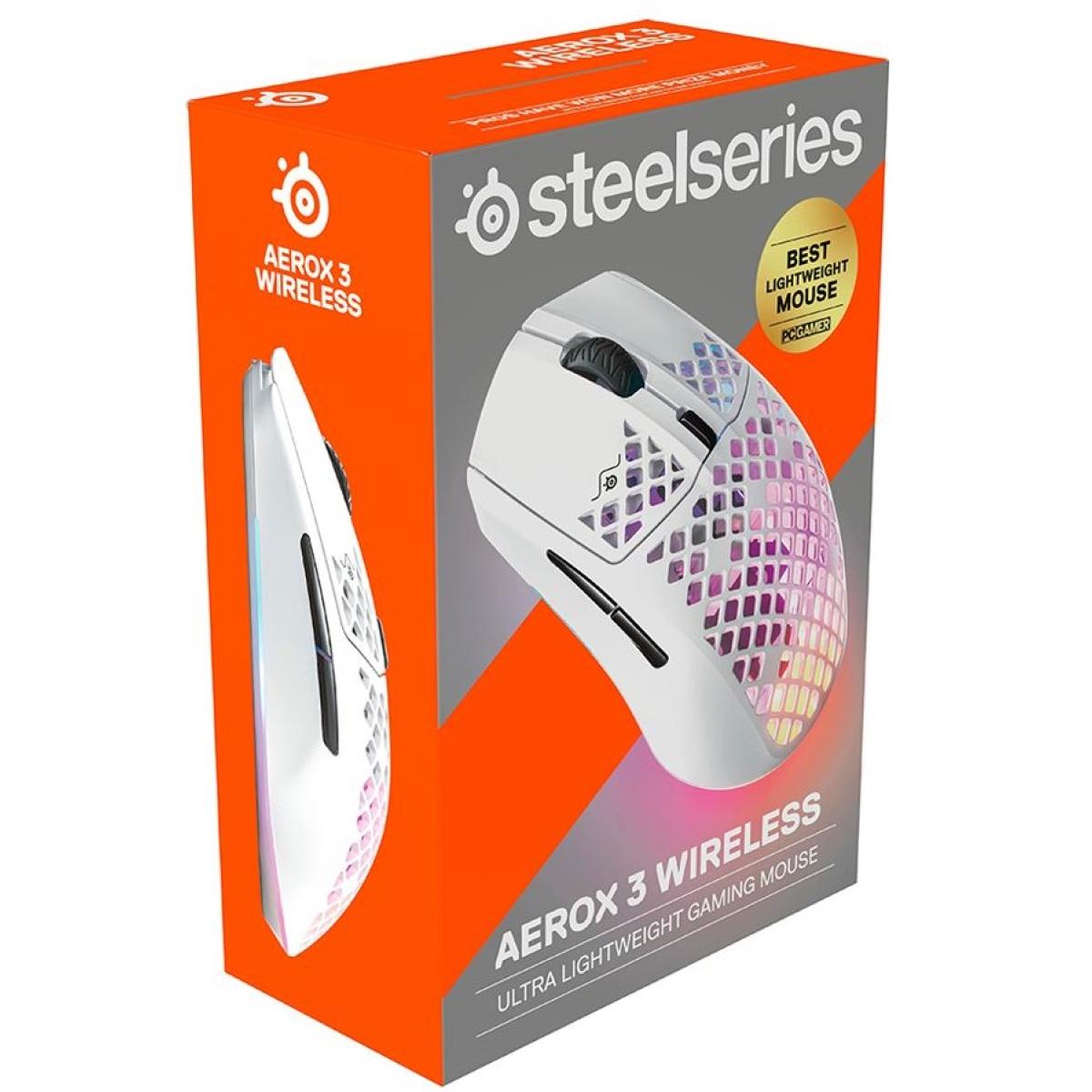 SteelSeries Aerox 3 Wireless (2.4GHz/Bluetooth) (Snow) TrueMove Air Optical Sensor Holey RGB Gaming Mouse, 18000 DPI, Ultra-lightweight, Water Resistant Design