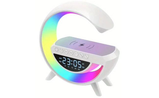 LED Wireless Charging Speaker (BT-3401), Compact Size & Modern Design Portable Bluetooth Speaker (LED, AUX, USB, SD Card), FM radio, Clock, Alarm Clock, 7 Colors Led