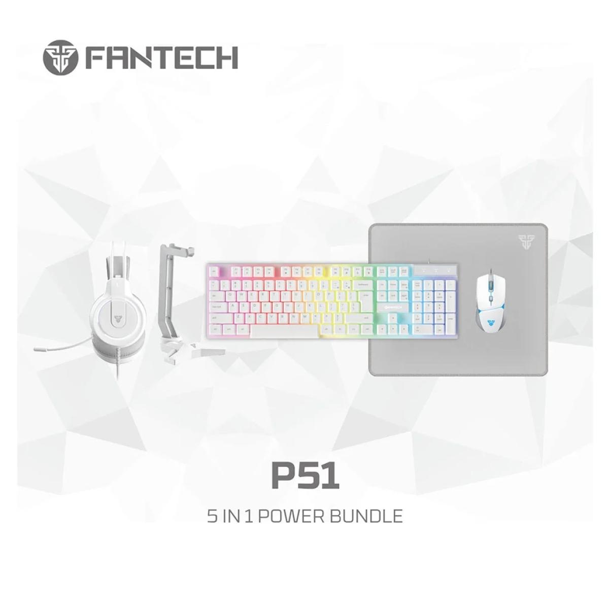 FANTECH P51 Power Bundle 5 IN 1 Gaming Set Combo Black Wired (Keyboard + Mouse + Headset + Mouse Pad+ Headset Stand) - White