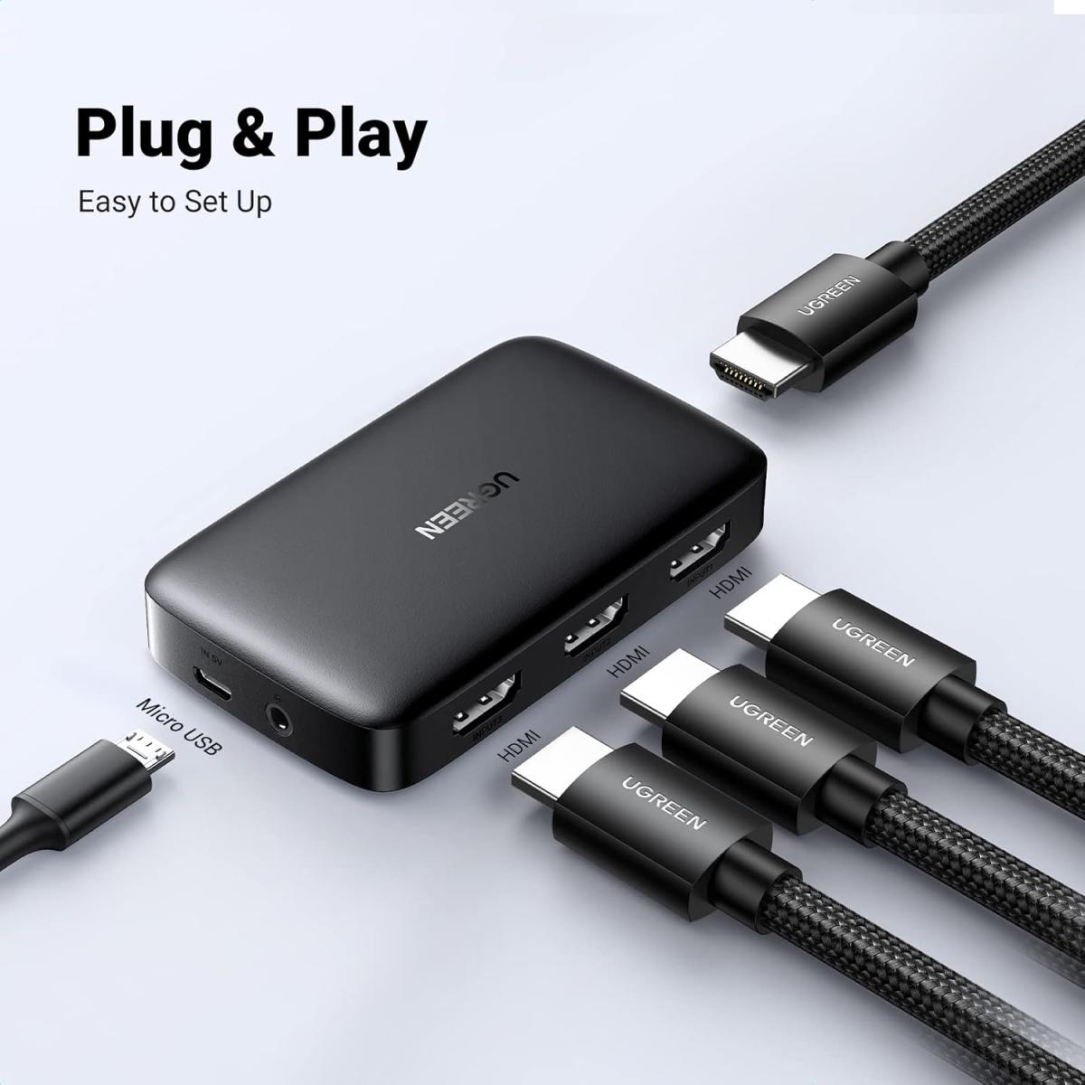 UGREEN HDMI Switch 3 in 1 Out 4K HDMI Splitter with Remote Supports HDR CEC 3D HDCP1.4 HDMI 3 Port Box Hub 4K 30Hz, Compatible with PS5 PS4 Xbox Fire Stick Roku Apple TV PC
