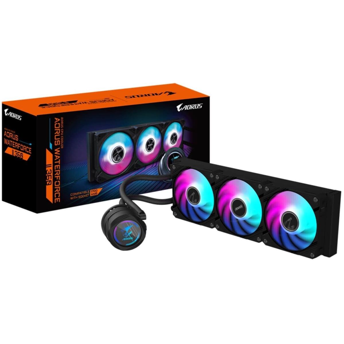 AORUS WATERFORCE II 360 All-in-one 360mm CPU Liquid Cooler With 330-degree Rotatable Water Block Design & Improved Cooling Efficiency, 120mm ARGB Fans Daisy-Chain Mag Fans