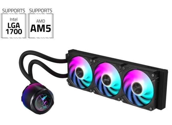 AORUS WATERFORCE X II 360 All-in-one 360mm CPU Liquid Cooler With Circular LCD Edge View Display & Improved Cooling Efficiency, 120mm ARGB Fans Daisy-Chain Mag Fans