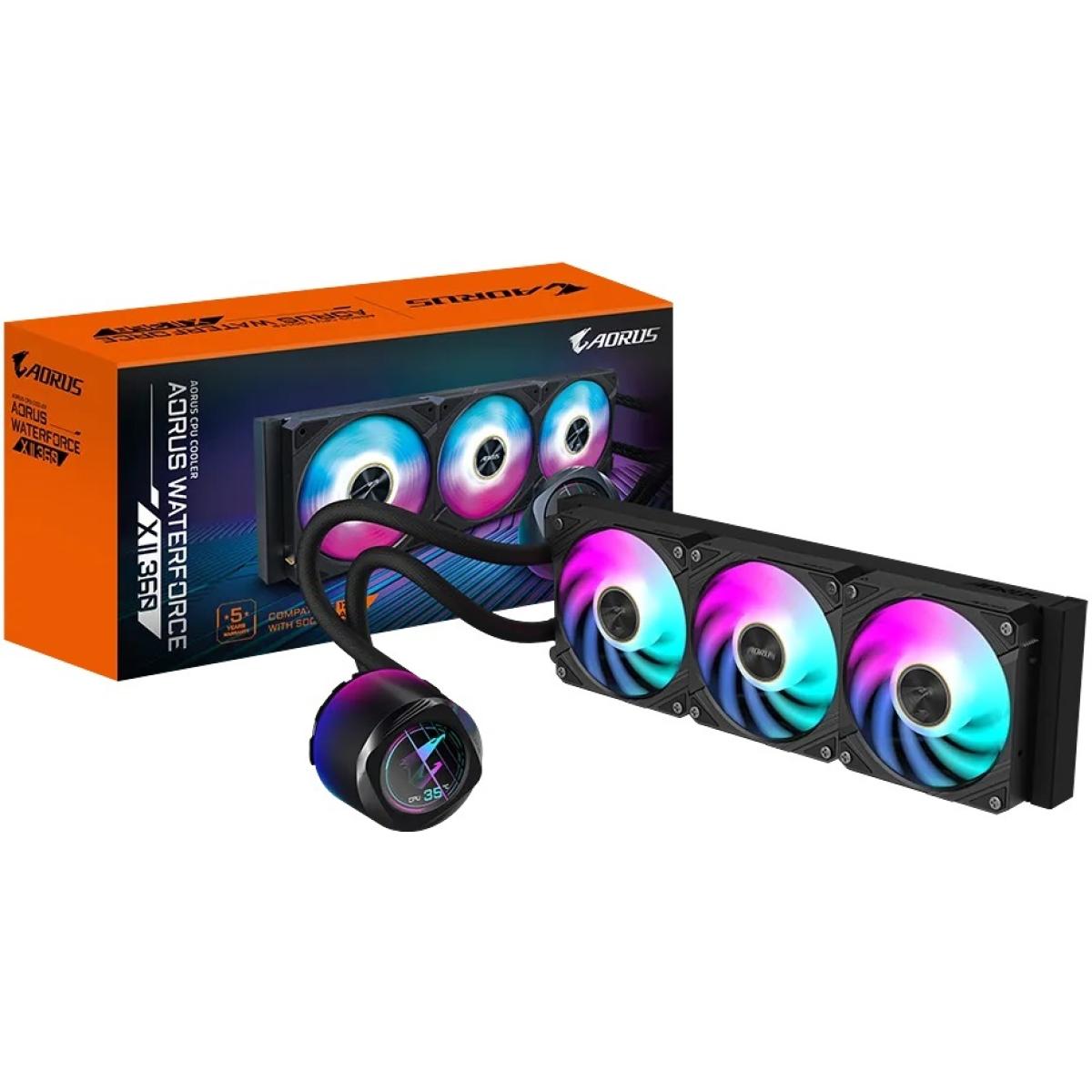 AORUS WATERFORCE X II 360 All-in-one 360mm CPU Liquid Cooler With Circular LCD Edge View Display & Improved Cooling Efficiency, 120mm ARGB Fans Daisy-Chain Mag Fans