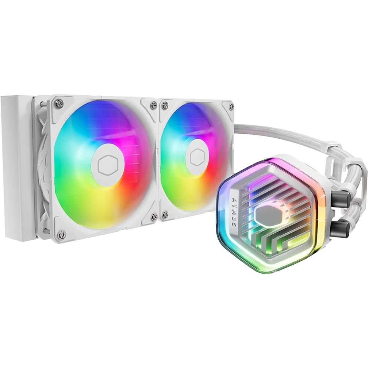 Cooler Master MASTERLIQUID 240 ATMOS (White) ARGB High- Preformance AIO CPU Liquid Cooler, Next Gen Dual Chamber Pump Design, Customizable 3D-Printed Creations Capability, Pre-Installed Sickleflow Edge 120 ARGB Fans