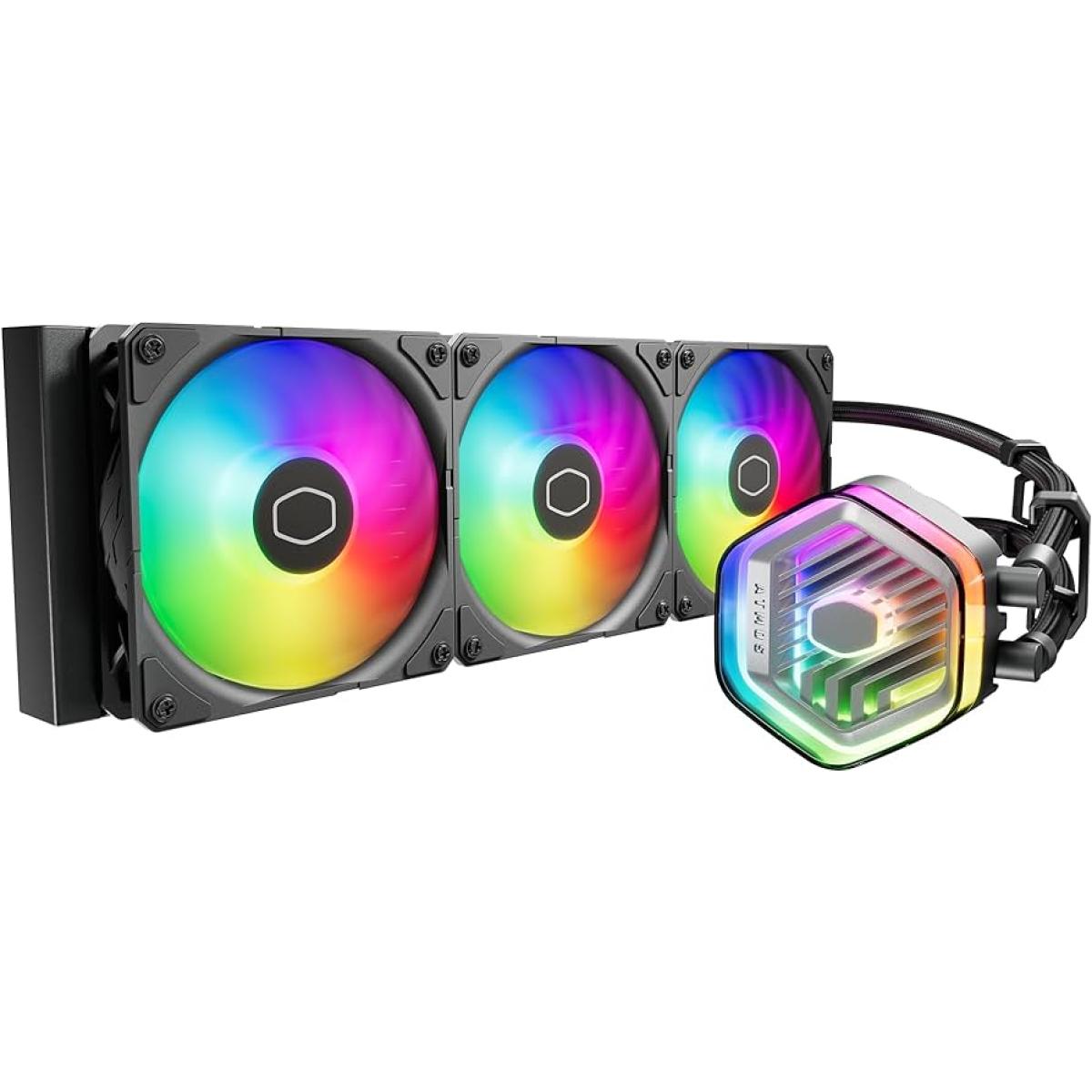 Cooler Master MASTERLIQUID 360 ATMOS (Black) ARGB High- Preformance AIO CPU Liquid Cooler, Next Gen Dual Chamber Pump Design, Customizable 3D-Printed Creations Capability, Pre-Installed Sickleflow Edge 120 ARGB Fans