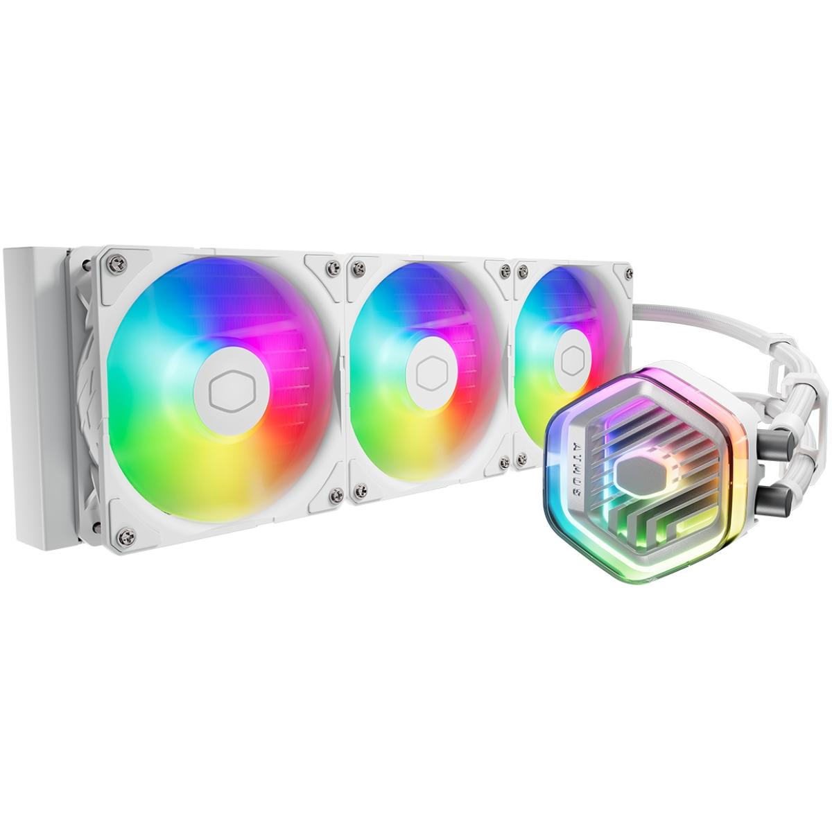 Cooler Master MASTERLIQUID 360 ATMOS (White) ARGB High- Preformance AIO CPU Liquid Cooler, Next Gen Dual Chamber Pump Design, Customizable 3D-Printed Creations Capability, Pre-Installed Sickleflow Edge 120 ARGB Fans