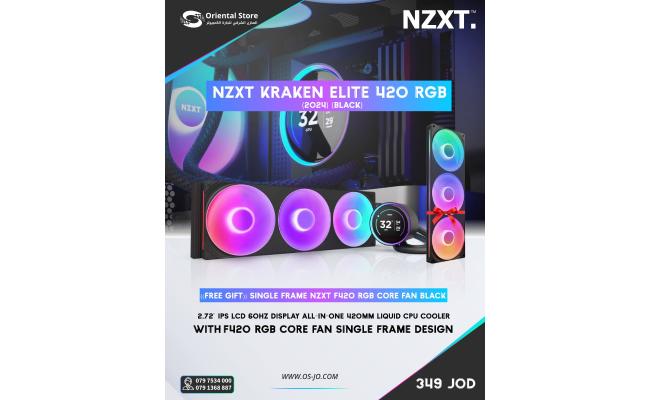 NZXT Kraken Elite 420 RGB (2024)  (Black), 2.72'' IPS LCD 60Hz Display All-In-One 420mm Liquid CPU Cooler w/ F420 RGB Core Fan Single Frame Design + ((Free Gift)) Single Frame NZXT F420 RGB Core Fan Black