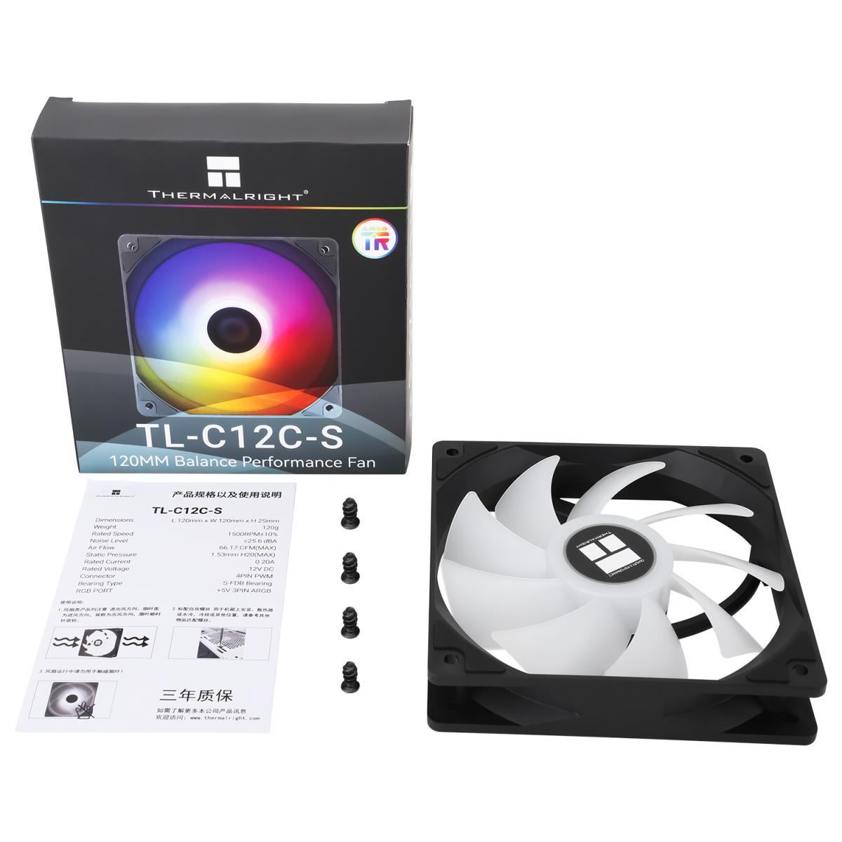 Thermalright TL-C12C-S (Black/ 3PIN ARGB) Balance Performance 120mm PWM Cooling Fan w/ S-FDB Bearing. Thermalright TL-C12C-S (Black/ 3PIN ARGB) Balance Performance 120mm PWM Cooling Fan w/ S-FDB Bearing.