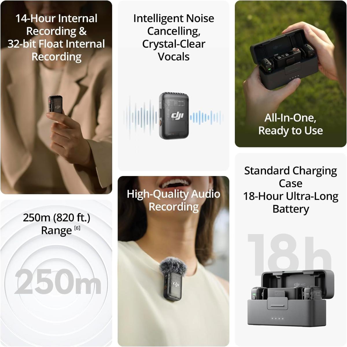 DJI Mic 2, Wireless Lavalier Microphone, Noise Cancelling, 48kHz 32-bit Float Internal Recording, 820 ft.(250m) Range, 18H Battery with Charging Case, Microphone for Camera/Phone, Vlog, Streaming