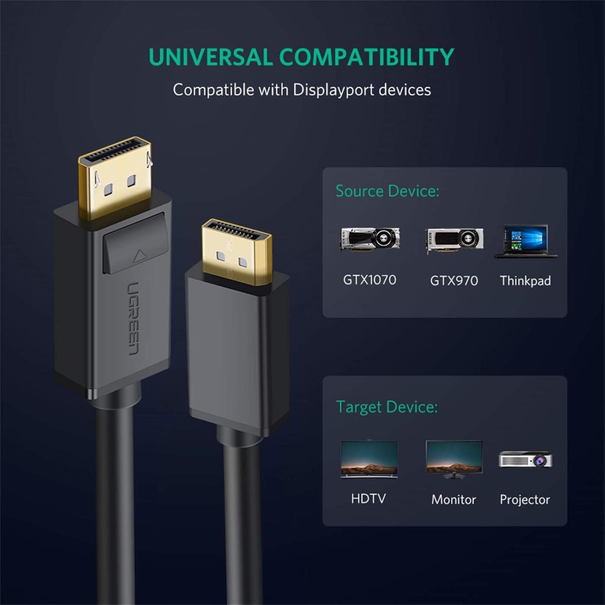 UGREEN 4K 1.2 Version Gold Plated DP to DisplayPort Cable Resolution (2M), Black (DP102)