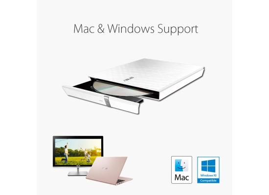 ASUS LITE Portable USB 2.0 Slim 8X DVD/ Burner +/- Rewriter External Drive, Compatible with both Mac & Windows, White