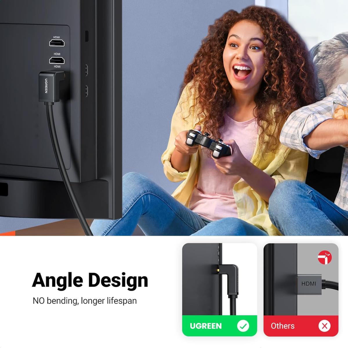 UGREEN HDMI Cable Right Angle 4K 90 Degree HDMI Cord High Speed Down Angle HDMI 2.0 Cable, 4K@60Hz HD 3D 1080P ARC Compatible for Laptop Monitor Nintendo Switch 2 Xbox PS5 PC TV 3.3FT