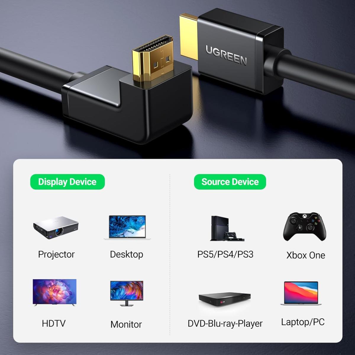 UGREEN HDMI Cable Right Angle 4K 90 Degree HDMI Cord High Speed Down Angle HDMI 2.0 Cable, 4K@60Hz HD 3D 1080P ARC Compatible for Laptop Monitor Nintendo Switch 2 Xbox PS5 PC TV 3.3FT