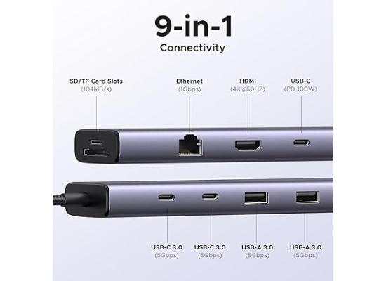 UGREEN Revodok 9 in 1 USB C Hub Gigabit Ethernet Adapter 4K@60Hz HDMI, 100W PD Charging,USB A&C Data Ports, SD/TF Card Reader, Compatible with Mac M1, M2, M3, iPad, iPhone 16 Pro/Pro Max, Steam Deck