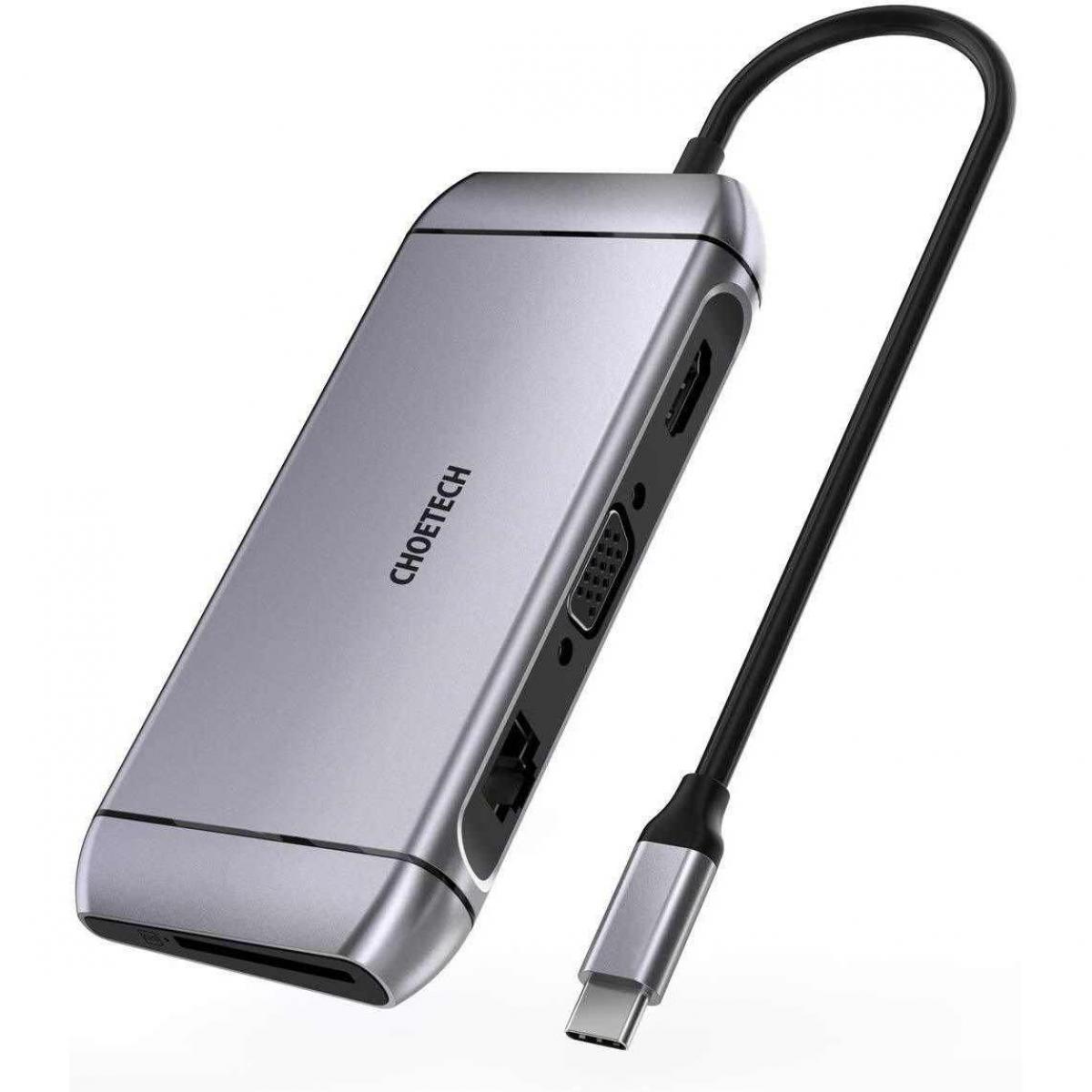 CHOETECH HUB-M15 9 IN 1 USB Type-C ADAPTER HUB WITH 4K HDMI, 100W PD POWER, 3 USB 3.0, RJ45 ETHERNET, 60HZ VGA, SD/TF CARD READER