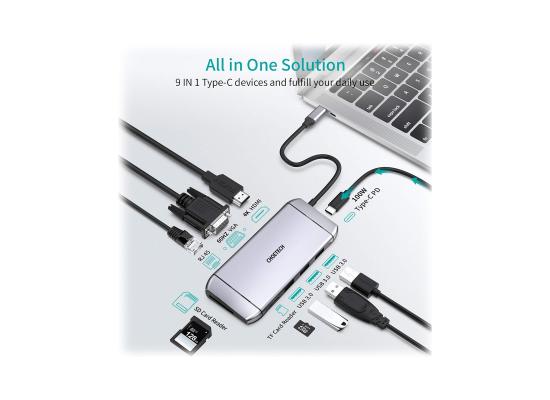CHOETECH HUB-M15 9 IN 1 USB Type-C ADAPTER HUB WITH 4K HDMI, 100W PD POWER, 3 USB 3.0, RJ45 ETHERNET, 60HZ VGA, SD/TF CARD READER