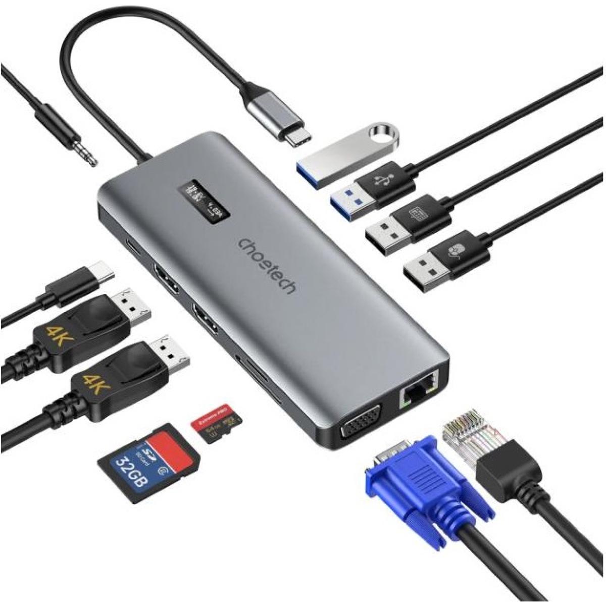 CHOETECH HUB-M26 12 IN 1 2xUSB Type-C ADAPTER HUB WITH 4K HDMI, 100W PD POWER, 2 USB 3.0, RJ45 ETHERNET, 3.5mm Jack, SDCARD READER