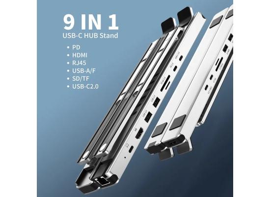 CHOETECH HUB-M43-SL-V1 Laptop Holder with USB C Hub 9 in 1 Docking Station, Type-C PD 60W / HD 4K 60Hz / RJ45 / 4x USB / SD TF Card Reader