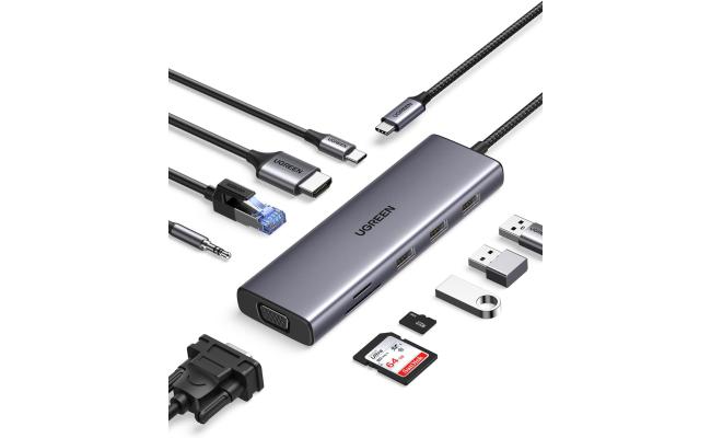 UGREEN CM498 USB C Hub, USB-C 10-in-1 Dongle with Dual Monitor 4K HDMI and VGA, 1Gbps Ethernet, 100W PD, 3 USB 3.0 Ports, 3.5mm Audio Jack, SD/TF Card Slots, Multi Adapter
