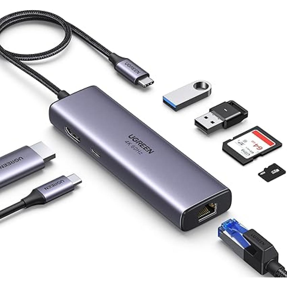 UGREEN Revodok 7 in 1 USB C Hub Gigabit Ethernet Adapter 4K@60Hz HDMI, 100W PD Charging, USB A Data Ports, SD/TF Card Reader Compatible with Mac M1, M2, M3, iPad, iPhone 15 Pro/Pro Max, Steam Deck