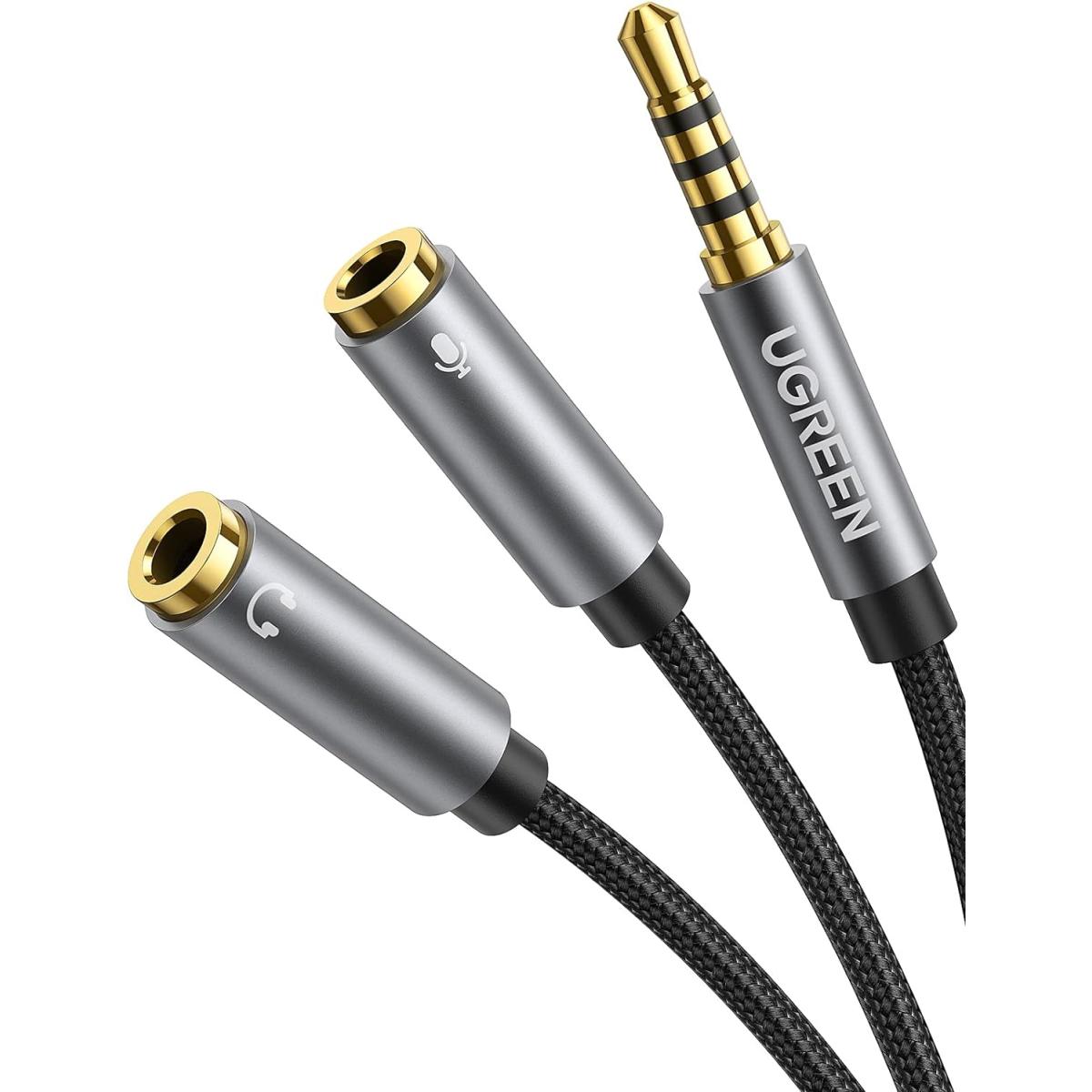 UGREEN Headphone Splitter for Computer 3.5mm Braided Audio Splitter Cable Microphone Stereo Jack Earphones Port Cord Gaming Headset to PC Laptop Adapter Black