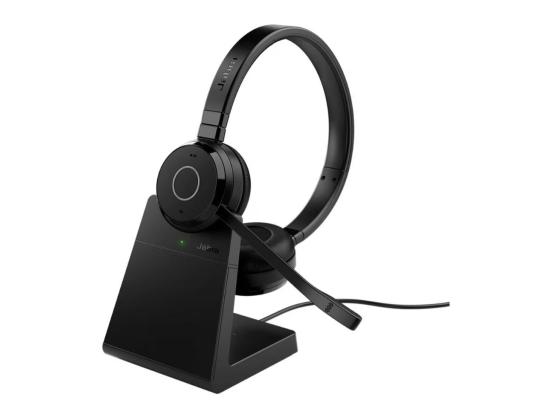 Jabra Evolve 65 TE Wireless Headset with Stand, Binaural Wireless Headphones with Microphone, Link 390a UC Stereo, Two Device Simultaneous Connection, Bluetooth 5.2, Noise Cancelling, Up to 16 Hours