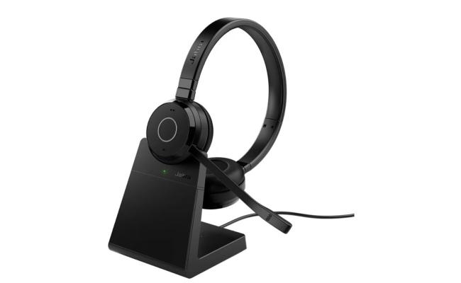 Jabra Evolve 65 TE Wireless Headset with Stand, Binaural Wireless Headphones with Microphone, Link 390a UC Stereo, Two Device Simultaneous Connection, Bluetooth 5.2, Noise Cancelling, Up to 16 Hours