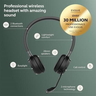 Jabra Evolve 65 TE Wireless Binaural Wireless Headphones with Mic, 2 Simultaneous Connection, Link 390a UC Stereo, Bluetooth 5.2, Noise Cancelling, Up to 16 Hours Talk Time, Leather Cushion for All