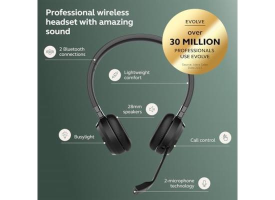 Jabra Evolve 65 TE Wireless Binaural Wireless Headphones with Mic, 2 Simultaneous Connection, Link 390a UC Stereo, Bluetooth 5.2, Noise Cancelling, Up to 16 Hours Talk Time, Leather Cushion for All