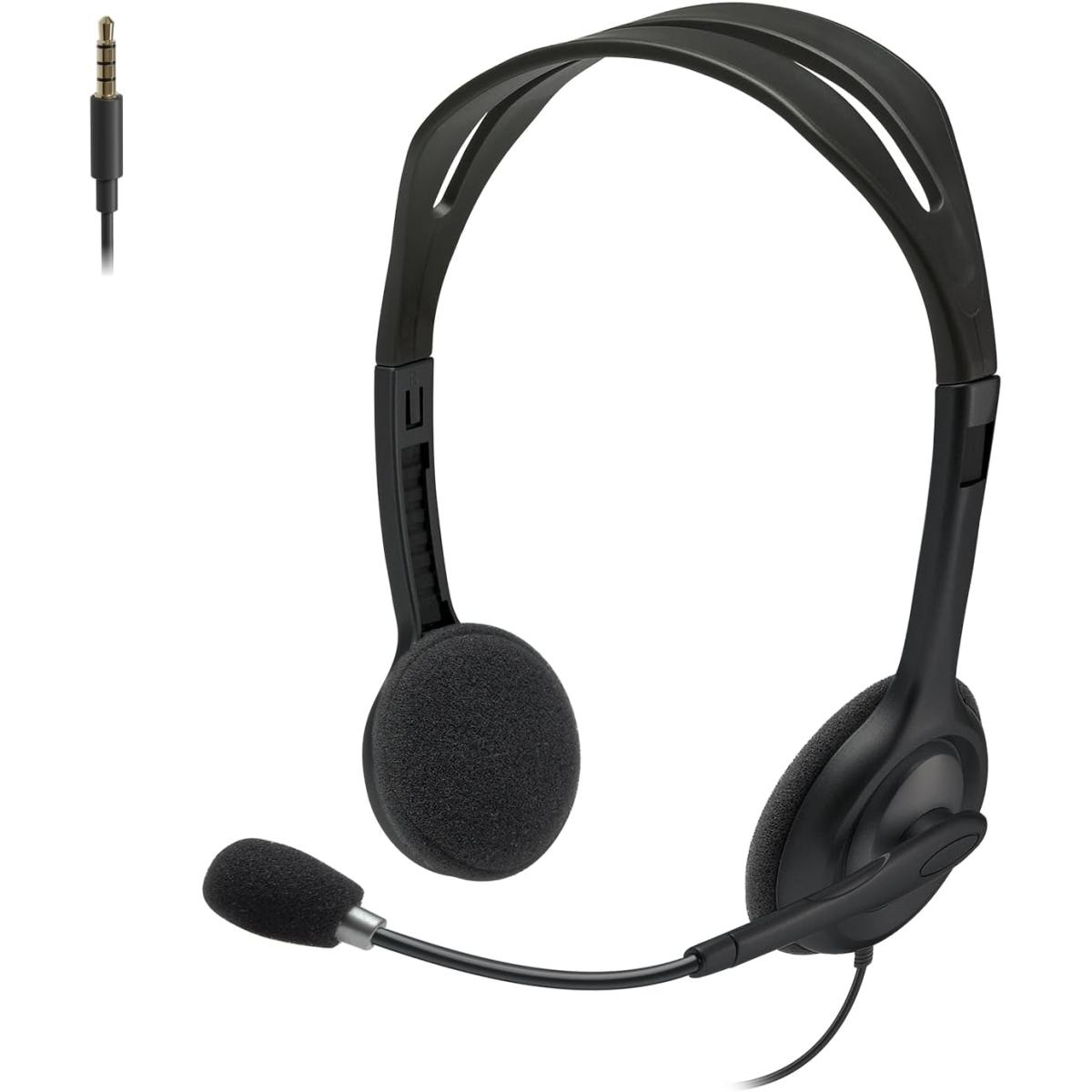 Logitech H111 Wired Headset, Stereo Headphones with Noise-Cancelling Microphone, 3.5 mm Audio Jack, PC/Mac/Laptop/Smartphone/Tablet - Black