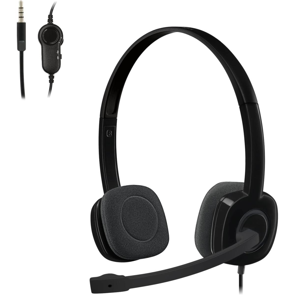 Logitech H151 Wired Headset, Analog Stereo Headphones with Rotating Noise-Cancelling Microphone, 3.5 mm Audio Jack, in-Line Controls, Black