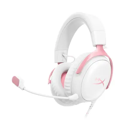 HyperX Cloud III DTS:X Spatial Virtual 3D Surround Sound Gaming Headset w/ Improved Bass & Superior Noise-cancelling Mic Quality & Onboard Controls , Multiplatform Compatibility (USB-C, USB-A, and 3.5mm) - White-Pink