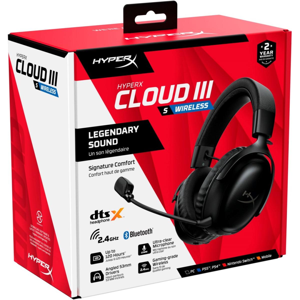 HyperX Cloud III S Wireless Gaming Headset (2.4GHz, Bluetooth), DTS:X Spatial Virtual 3D Surround Sound Spatial Audio, Battery Life up to 120 Hours 2.4GHz / 200 Hours Bluetooth, Detachable Mic Multi-Platform– Black